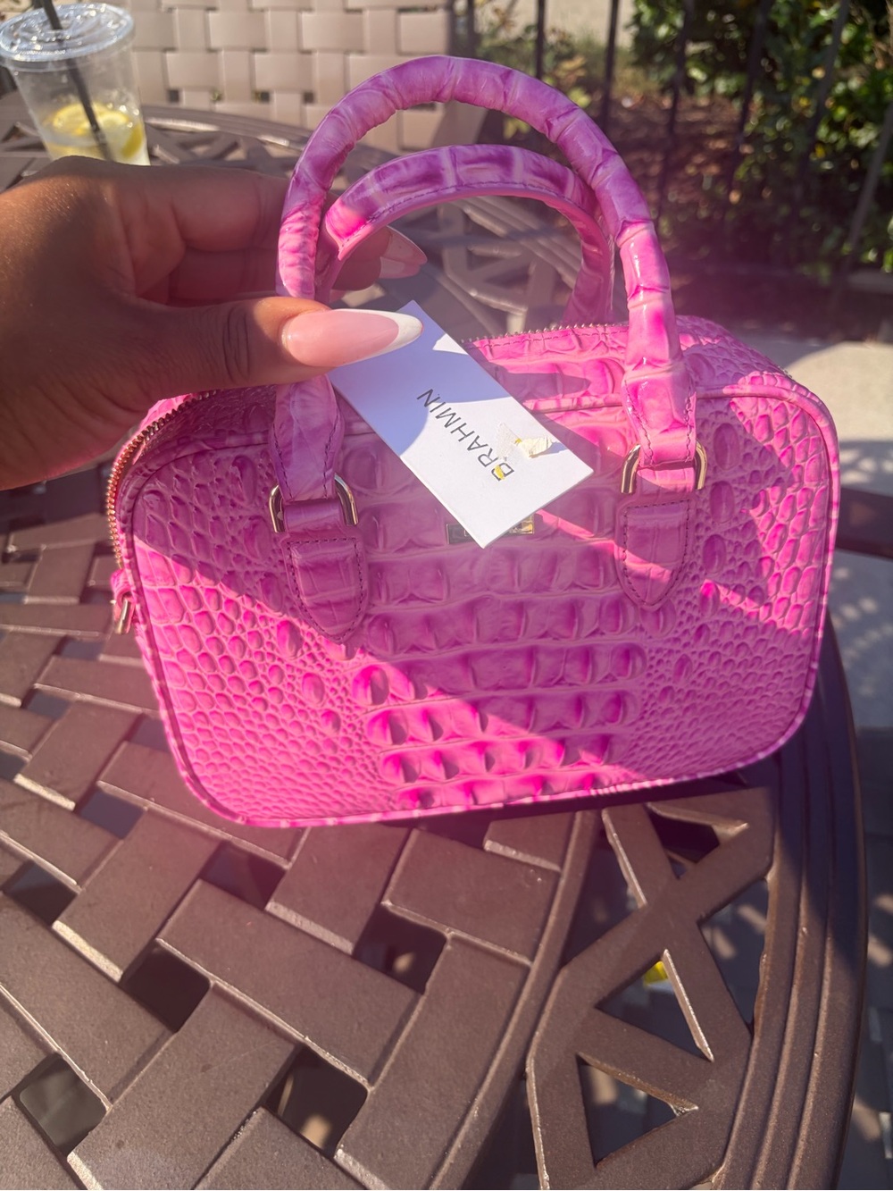 Brahmin Hot Pink Croc-Embossed Top Handle Satchel - Picture 3 of 5